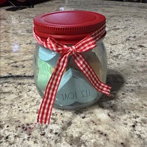 Rae Dunn Decorative Jar with Wooden Conversation Hearts Red Lid and Ribbon